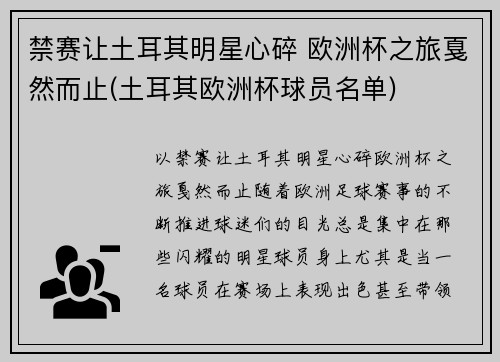 禁赛让土耳其明星心碎 欧洲杯之旅戛然而止(土耳其欧洲杯球员名单)