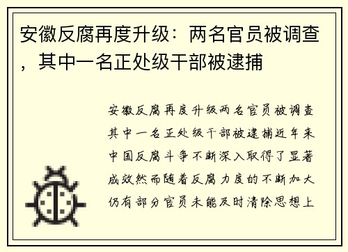 安徽反腐再度升级：两名官员被调查，其中一名正处级干部被逮捕