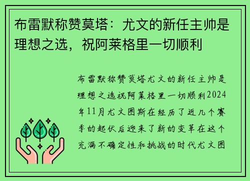 布雷默称赞莫塔：尤文的新任主帅是理想之选，祝阿莱格里一切顺利