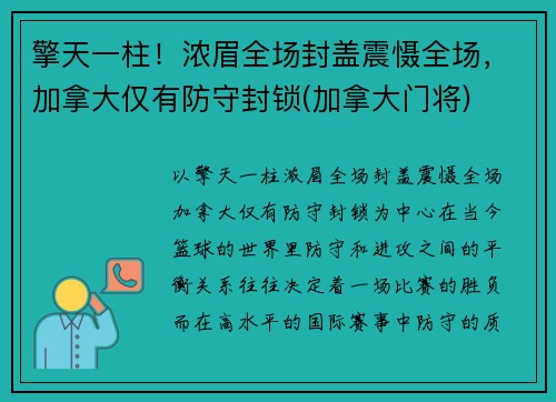 擎天一柱！浓眉全场封盖震慑全场，加拿大仅有防守封锁(加拿大门将)