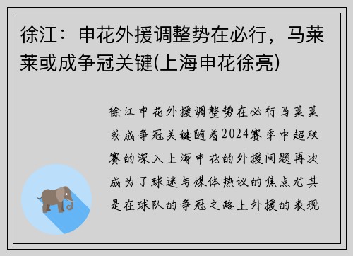 徐江：申花外援调整势在必行，马莱莱或成争冠关键(上海申花徐亮)