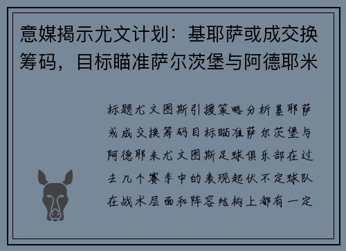 意媒揭示尤文计划：基耶萨或成交换筹码，目标瞄准萨尔茨堡与阿德耶米