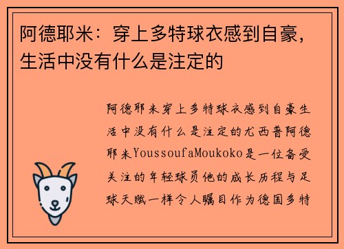 阿德耶米：穿上多特球衣感到自豪，生活中没有什么是注定的