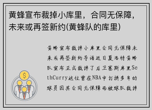 黄蜂宣布裁掉小库里，合同无保障，未来或再签新约(黄蜂队的库里)